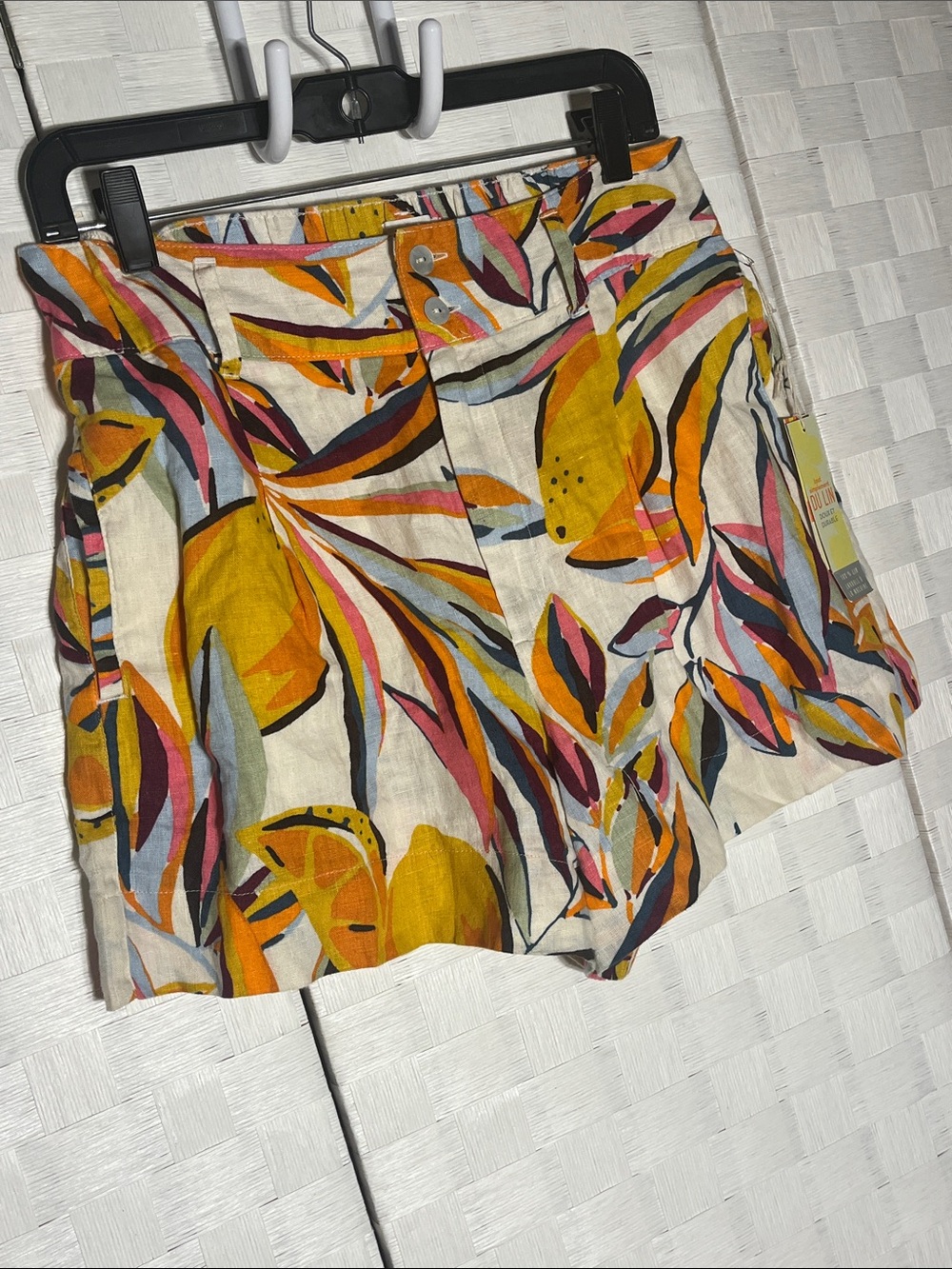 C&C California High Waist Shorts in Cream with Yellow, Pink & Blue Leaf Print